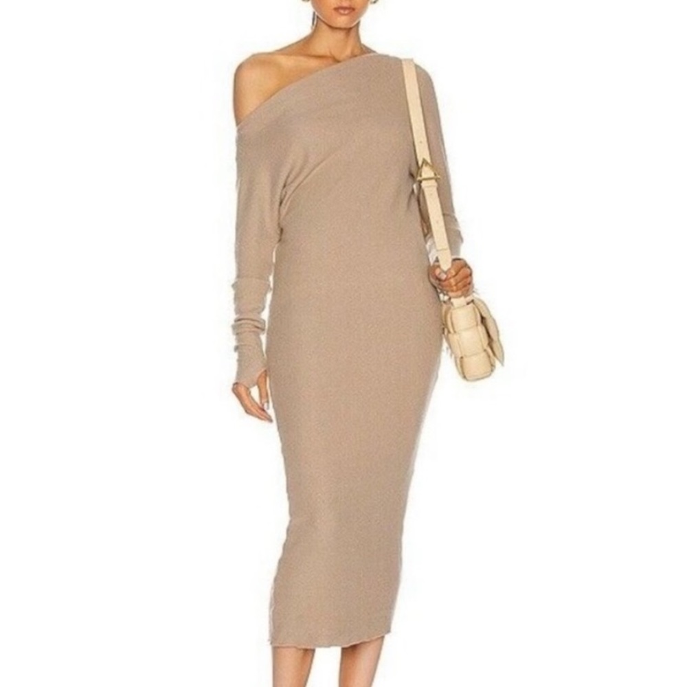 Enza Costa One-Shoulder Midi Dress in Taupe